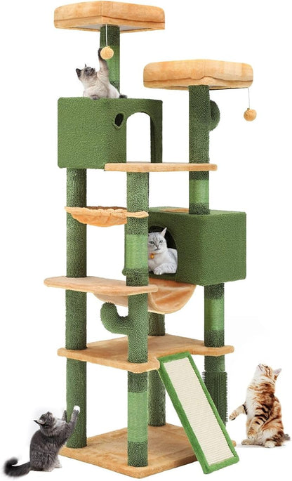 DWVO Cactus Cat Tree for Large Cats: 76" Tall with Self-Grooming Brush, Cute Kitten Climbing Tower for Indoor Kittens with Cat Condo, Top Perch, Basktet, Sisal Scratching Posts, Dangling Ball