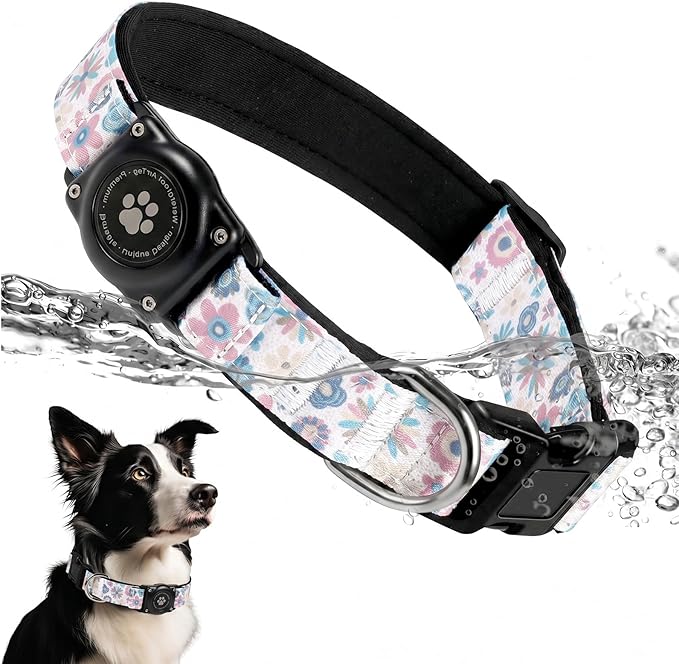 Upgrade Dog Collar with AirTag Holder, IP68 Waterproof, Boho Bloom, XL | Built-in Water Resistant AirTag holder, 1000D Nylon, Reflective Stitching for Night Visibility, Soft padding for Comfort