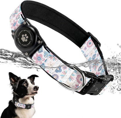 Upgrade Dog Collar with AirTag Holder, IP68 Waterproof, Boho Bloom, XL | Built-in Water Resistant AirTag holder, 1000D Nylon, Reflective Stitching for Night Visibility, Soft padding for Comfort