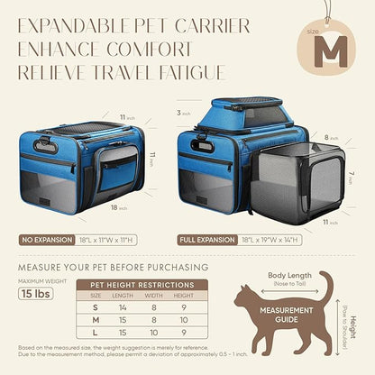 Top and Side Expandable Pet Carrier with Treat & Pet Window,18x11x11 Inch Delta American United Airline Approved,Soft-Sided Dog Carrier for Small Dogs and Cats,Travel Cat Carrier with Self-Locking
