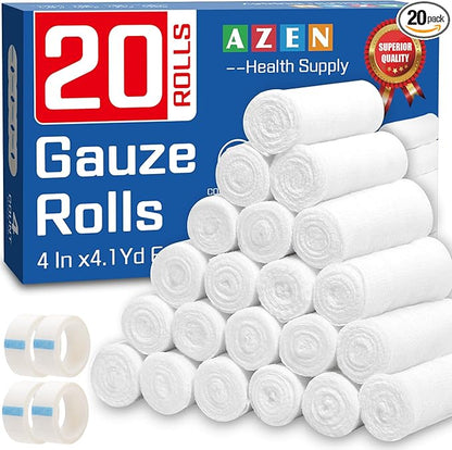 AZEN 20 Pack Gauze Rolls Bandages, 4 in x 4.1 Yards, Premium Medical Supplies & First Aid Supplies, Bandage Wrap Vet Wrap, Mummy Wraps