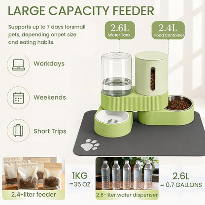 Gravity Cat Feeder 2 Pack Automatic Food Feeder Stainless Steel Water Dispenser Set 360° Rotatable Pet Bowls with Silicone Mat and Brush for Cats Small Medium Dogs, Large Capacity(Green)
