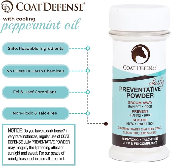 Coat Defense Daily Preventative Powder & Rain Rot Treatment for Horses | Safe & Effective Equine Sweet Itch, Skin Funk, Scratches | Dry Horse Shampoo, 8 oz. | All Natural Ingredients