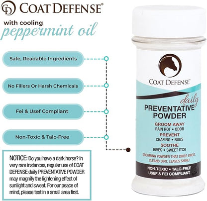 Coat Defense Daily Preventative Powder & Rain Rot Treatment for Horses | Safe & Effective Equine Sweet Itch, Skin Funk, Scratches | Dry Horse Shampoo, 8 oz. | All Natural Ingredients