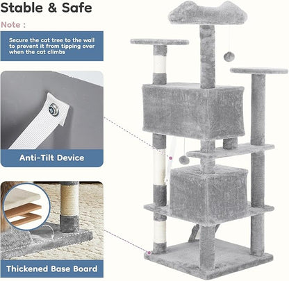 Multi-Level 54 Inches Cat Tree Tower, Indoor Climbing Tree Cat House with Scratching Posts, Condos, Dangling Ball and Round Extended Platform for Cats to Play and Sleep