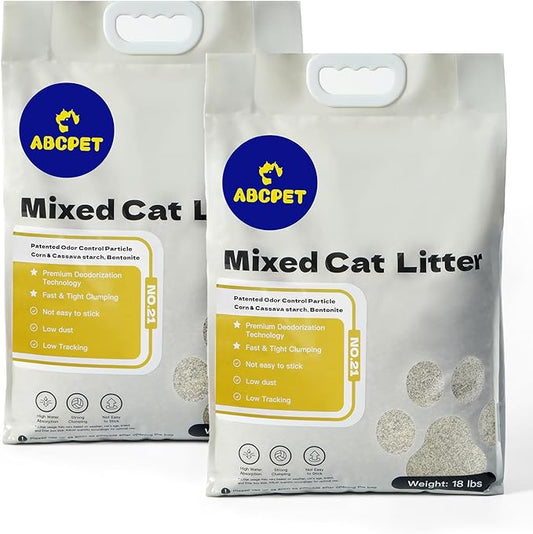 ABCPET Cat Litter Clumping, 18lb Cassava Mixed Litter with Deodorizer Odor Control, Sodium-Based Litter Unscented, Low Tracking(18lb x 2 Pack)