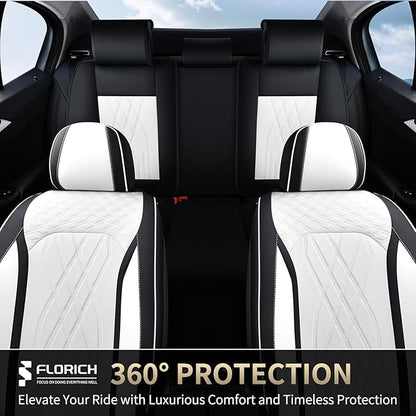 FLORICH Leather Car Seat Cover Full Set Automotive Seat Covers 5 Seats Front and Back Seat Cover Full Coverage Car Seat Protector Universal Fit for Most Car Truck SUV, Black&White