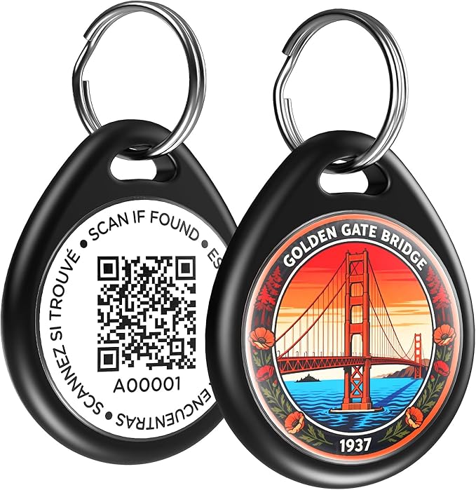 Dog Tags Personalized for Pets, Golden Gate Bridge QR Code Dog Name Tags for Pet Collar, Online Profile, Scan Location Alerts, (Black Bridge)