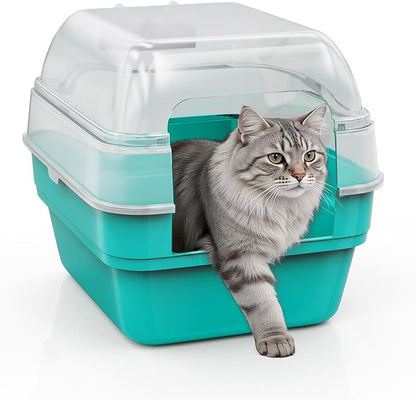 Large Cat Litter Box with Transparent Lid, Foldable Hooded Litter Box with Front Door Flap for Privacy, Easy Clean Non-Sticky Litter Box with Intelligent Deodorizing, (21.6" L x 17.8" W x 17.3" H)