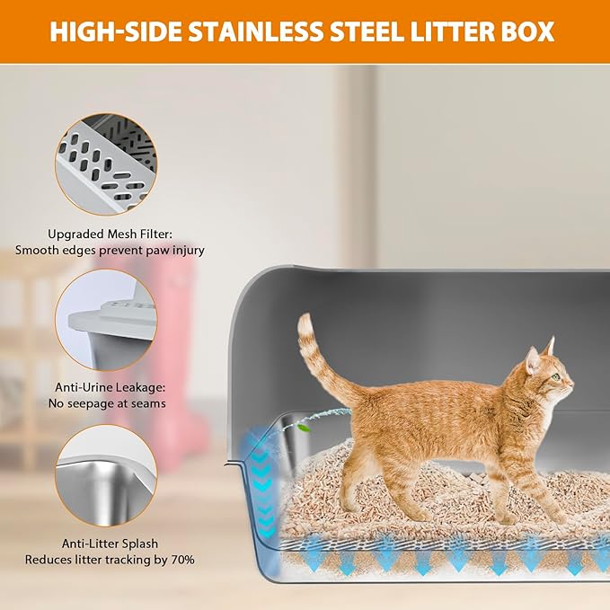 Homegroove Stainless Steel Sifting Litter Box for Pine Pellets, 23.6''x15.7''x14'' XXL Metal Cat Litter Box with Lid for Indoor Cats Pellet Sifter Litter Pan with Plastic Scoop &10 Urine Pads (8 Inch)