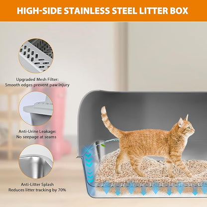 Homegroove Stainless Steel Sifting Litter Box for Pine Pellets, 23.6''x15.7''x14'' XXL Metal Cat Litter Box with Lid for Indoor Cats Pellet Sifter Litter Pan with Plastic Scoop &10 Urine Pads (8 Inch)