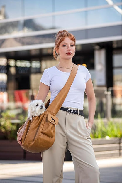 Noah & Paw Dog Sling Carrier for Small Dogs 5-18lb, Dog Sling for Small Dogs and Cats, Dog Carrier with Adjustable Padded Strap, Vegan Leather Lined with Fur, Double Safety Feature, Machine Washable