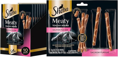 Sheba Meaty Tender Sticks Chicken Cat Treats, Salmon Flavor, Cat Snacks, 0.14 oz., 5 Count, Pack of 10 (50 Sticks Total)