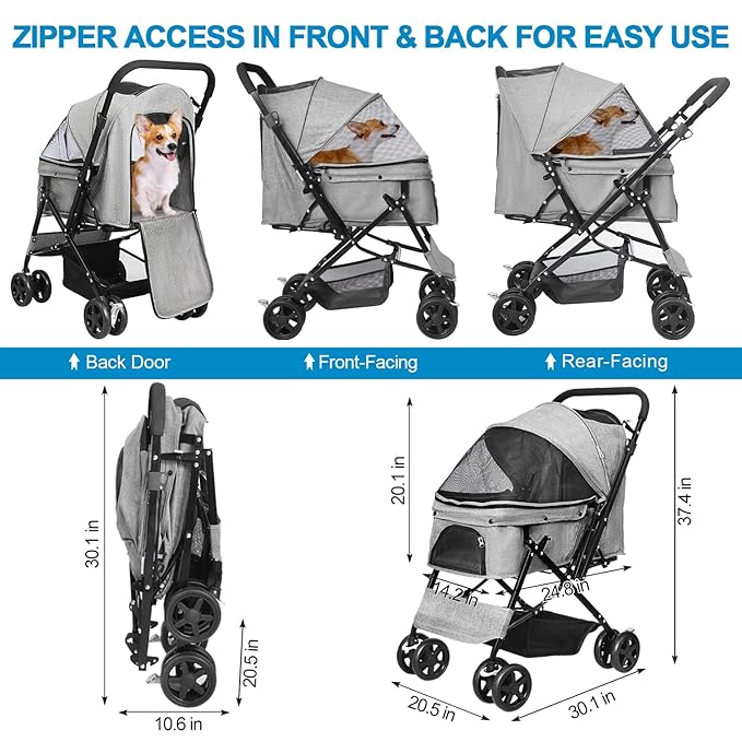 Lightweight Dog Stroller with Reversible Handle for Medium Small Dogs and Cats, Foldable Pet Stroller Travel Carriage with Large Storage Basket, 4 Wheels, Linen Gray