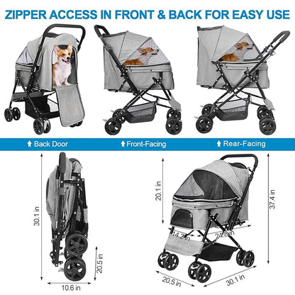 Lightweight Dog Stroller with Reversible Handle for Medium Small Dogs and Cats, Foldable Pet Stroller Travel Carriage with Large Storage Basket, 4 Wheels, Linen Gray