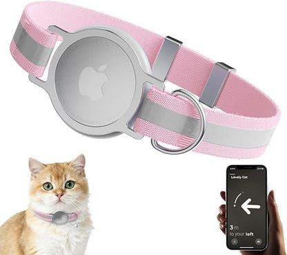 AirTag Cat Collar, Ultra Elastic Cat Tracker Collar with Apple Air Tag Holder, [Lightweight & Scratch Resistant] Stepless Adjustable GPS Pet Tracking Collars for Cats Kittens [Reflective Rose]