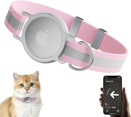 AirTag Cat Collar, Ultra Elastic Cat Tracker Collar with Apple Air Tag Holder, [Lightweight & Scratch Resistant] Stepless Adjustable GPS Pet Tracking Collars for Cats Kittens [Reflective Rose]