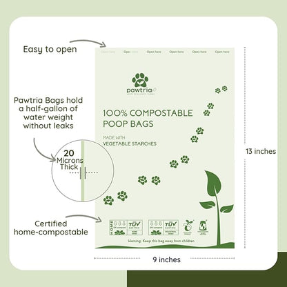 Pawtria Walk Duo Set: Certified Home Compostable Dog Poop Bags (120) + Premium Silicone Dog Poop Bag Dispenser (3.25"H X 2.75"L), BPA-Free, Leak-Proof, Light, Durable, Supports Rescue Dogs