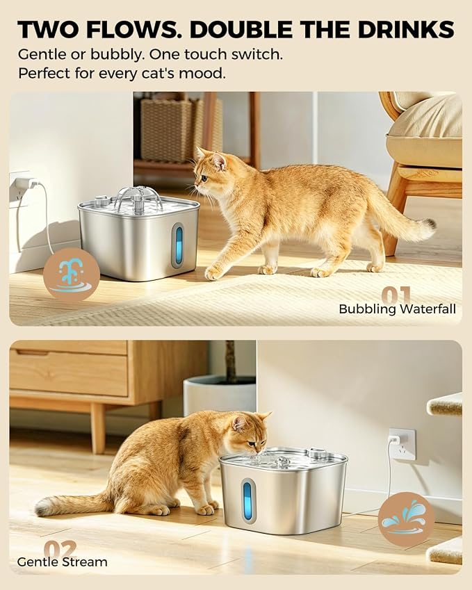 Cat Water Fountain Stainless Steel 74oz/2.2L with 3 Filters & 3 Sponges | Indoor Pet Water Dispenser-Automatic Silent Small Dog Fountains for Drinking-Auto Metal Watering Bowls-Gifts for Kitty Animal