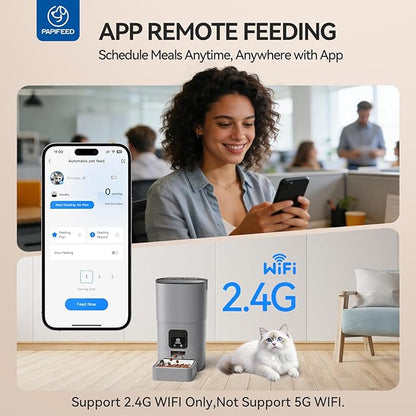 PAPIFEED Automatic Cat Feeder, 2.4G WiFi Cat Food Dispenser with App Control, 6L Timed Cat Feeders for Dry Food, Detachable for Easy Clean, Dual Power Supply, up to 10 Meals per Day, Gray