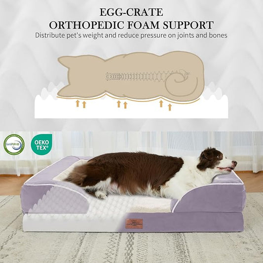 Comfort Expression Orthopedic Dog Bed for Medium Dogs 30x20 Inch, Waterproof Supportive Egg Crate Foam Medium Pet Bed with Removable Bolsters, Dog Couch with Washable Cover & Non-Slip Bottom, Purple