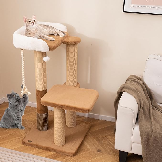 PETSITE 44-inch Modern Cat Tree for Indoor Cats, Multi-Level Cat Tower with Paper Rope Scratching Posts, Self Groomer, Sisal Rope, Soft Faux Rabbit Fur Covered Platforms, and Dangling Ball