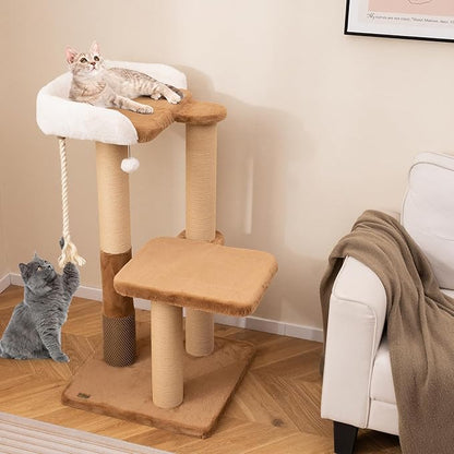 PETSITE 44-inch Modern Cat Tree for Indoor Cats, Multi-Level Cat Tower with Paper Rope Scratching Posts, Self Groomer, Sisal Rope, Soft Faux Rabbit Fur Covered Platforms, and Dangling Ball