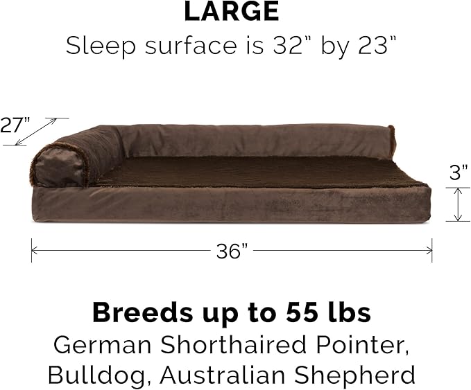 Furhaven Orthopedic Dog Bed for Large/Medium Dogs w/ Removable Bolsters & Washable Cover, For Dogs Up to 55 lbs - Plush & Velvet L Shaped Chaise - Sable Brown, Large