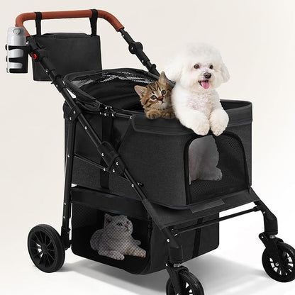 Dog Stroller for Small Pets, All-Terrain 4-Wheel Cat & Dog Carrier with 360° Front Wheels, Adjustable Handle & Canopy|Cup Holder & Storage Basket|Foldable in One Step|Ventilated Design for Comfort