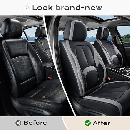 Coverado Car Seat Covers, Leather Seat Covers Full Set, Waterproof Car Seat Protector with Lumbar Support, Automotive Seat Covers Seat Cushions Universal Fit for Most Cars SUV Trucks, (Black&Beige)