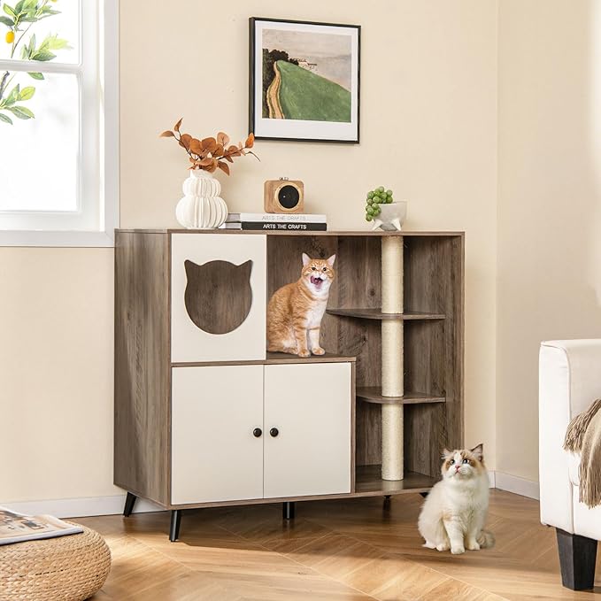 PETSITE Cat Litter Box Enclosure, Multifunctional Hidden Litter Box with Sisal Scratching Posts, Cat Condo, Litter Box Cabinet Furniture with 5 Metal Supporting Legs and Multiple Storage Space
