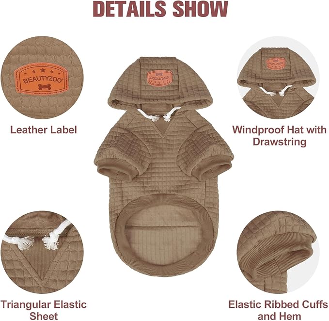 BEAUTYZOO Small Dog Hoodie Sweater with Pockets, Dog Clothes for Small Medium Dogs Boy Girl, Waffle-Like Laminated Cotton Pet Coats with Hat and Leash Hole, Khaki L