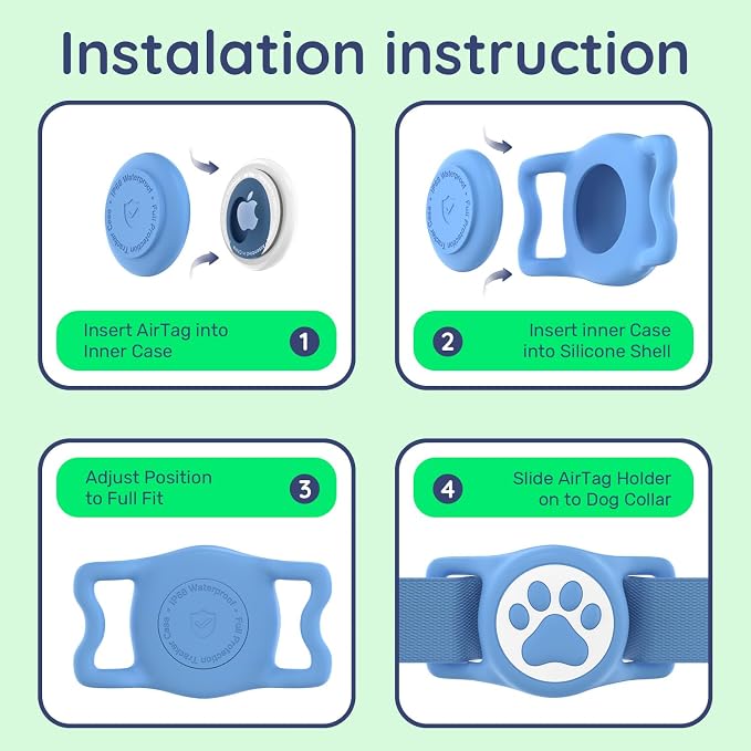 IP68 Waterproof Dog AirTag Holder for Dog Collar, Soft, Stretchy Silicone | Full-Body Protection, Easy Tool-Free Installation, Quiet, No-Dangle Fit, Lightweight, Fits Dog & Cat Collars of All Widths