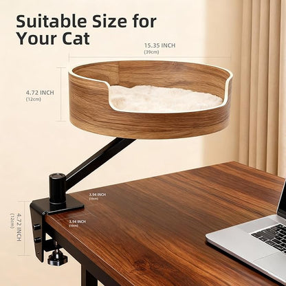 Desk Cat Bed, Elevated Cat Bed for Desk, Space-Saving Cat Hammock for Home Office, Stable & Comfortable Perch for Indoor Cats，Walnut Wood Finish