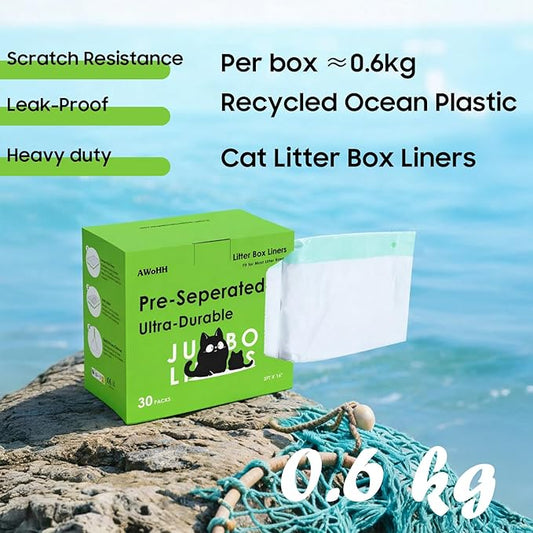Cat Litter Box Liners [30 Count]-Large/Jumbo 37"x16"-Heavy Duty Scratch Resistance Drawstring Litter Bags-Dispenser Box No Tearing Needed-70% Recycled Ocean Plastic