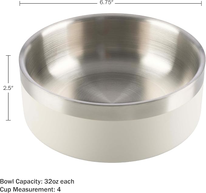 Set of 2 Stainless Steel Dog Bowls - 32oz or 4 Cups Double Wall Insulated Food and Water Bowls for Dogs and Cats, Non Slip Metal Pet Dishes for Small-Medium Pets, Puppy Essentials by PETMAKER (Cream)