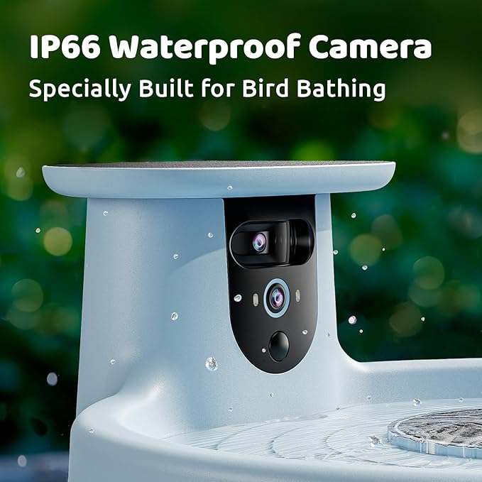 Birdfy Smart Bird Bath with Camera Solar Powered & Fountain, Dual-Lens Camera for Wildbird Watching, Auto Capture Bird Videos & Motion Detection - AI by Subscription (Blue)