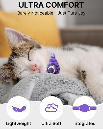 Cat Tracker Collar - Waterproof Airtag Cat Collar with Finder Tag, Purple | Compatible with Apple Find My (iOS ONLY), Breakaway Tractive Design with Reflective Pattern & Bell (Not for Android Devices)