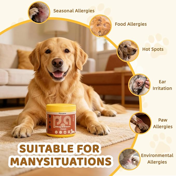Dog Allergy Relief Chews - Dogs Chew for Itching Relief and Skin Allergy- Soft Probiotics Chew for Dogs Digestive Health Gut Health & Immune System-Skin and Coat Health-100ct