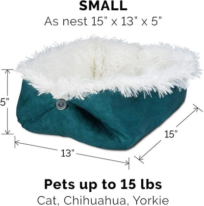 Furhaven Self-Warming Cat Bed for Indoor Cats, 4-Beds-in-1 & Washable - Plush Long Faux Fur Convertible Cuddler - Spruce, Small