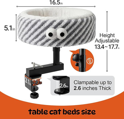 Cat Desk Bed, Height Adjustable 360° Rotating Desk Mounted Cat Bed, 2-in-1 Cat Desk Perch Hammock, Desk Cat Bed Attachment with Washable Cushion for Most Cats (Gray)