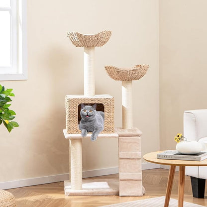 PETSITE 48 inch Cattail Cat Tree, Multi-Level Cat Tower with Sisal Scratching Posts, Cat Condo, Basket Beds, Climbing Ladder, and Soft Washable Cushions, Modern Cat Tree for Indoor Cats