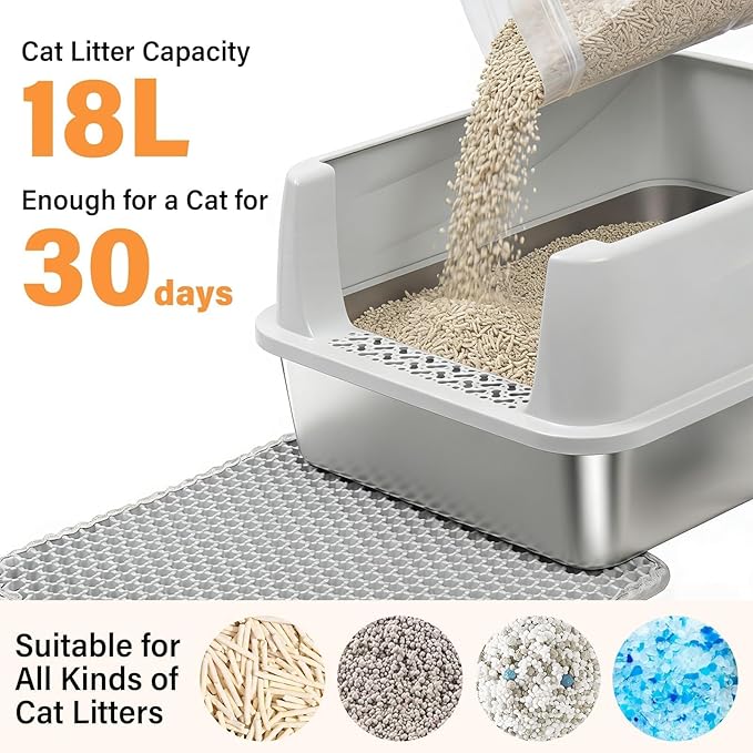 Stainless Steel Cat Litter Box, Metal Litter Box with High Sides Lid for Kittens, Medium Cat, Include Scoop and Mat, Non-Sticky, Anti-Leakage, Easy to Clean, M