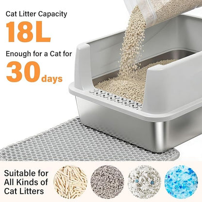 Stainless Steel Cat Litter Box, Metal Litter Box with High Sides Lid for Kittens, Medium Cat, Include Scoop and Mat, Non-Sticky, Anti-Leakage, Easy to Clean, M
