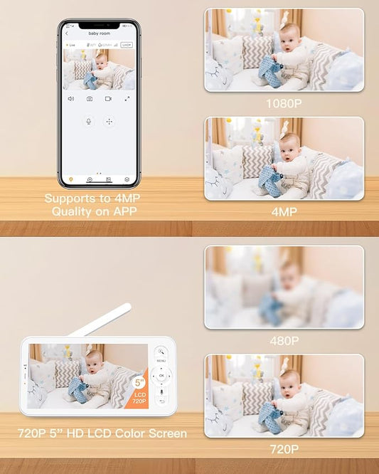 ARENTI 2.4G&5G Smart Baby Monitor with Camera and Audio, 5’’ WiFi/No-WiFi 4MP Split Screen with Night Light, Smoothing Lullabies, Cry&Motion Detection, Temp&Humidity Senor, Free APP with Motion Video