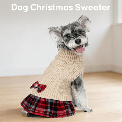 KYEESE Dog Sweater Warm Pullover Pet Coats Stretchy Cat Sweaters Thick Dogs Clothes with Bowtie Soft Turtleneck Pet Sweater Dress Knitwear Dog Sweaters for Small Dogs Girl for Cold Weather Winter