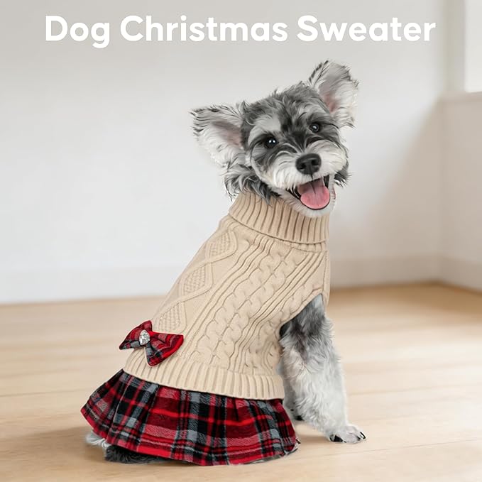 KYEESE Dog Sweater Knitwear Puppy Sweater Dress Stretchy Pullover Cat Sweaters Thick Pet Coats with Bowtie Warm Turtleneck Dogs Clothes Soft Dog Sweaters for Small Dogs Girl for Cold Weather Winter