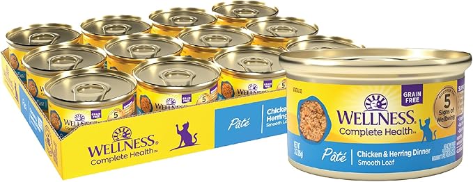 Wellness Complete Health Pate Adult Canned Wet Cat Food, Natural, Protein Rich, Grain Free, Chicken and Herring Dinner Recipe, 3 oz, Pack of 24 Cans