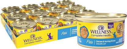Wellness Complete Health Pate Adult Canned Wet Cat Food, Natural, Protein Rich, Grain Free, Chicken and Herring Dinner Recipe, 3 oz, Pack of 24 Cans