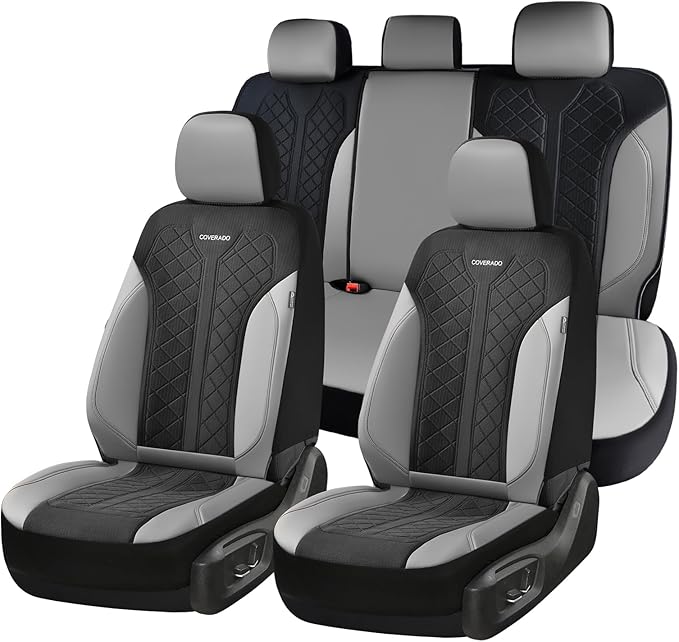 Coverado Automotive Seat Covers Full Set, Luxury Car Seat Covers, Leather Seat Covers, Mesh Design, Black Driver Seat Protectors, Universal Fit for SUVs, Trucks, Sedans